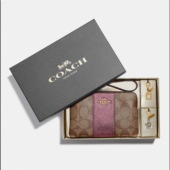 Coach Signature Khaki Wine Leather Wristlet Charms - Picture 2 of 8